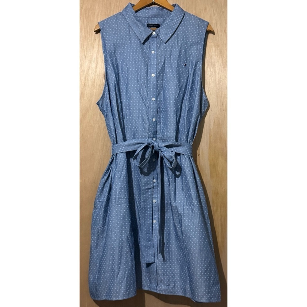 NWT Tommy Hilfiger Blue Polka Dot Sleeveless Tie Waist Button Front Dress 20W - Picture 3 of 7